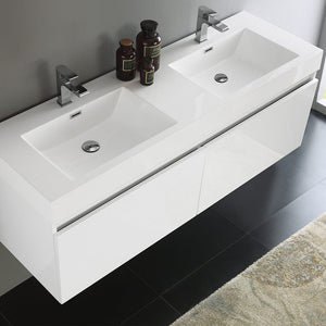 Fresca Mezzo 60" White Wall Hung Double Sink Modern Bathroom Cabinet w/ Integrated Sink FCB8042WH-I