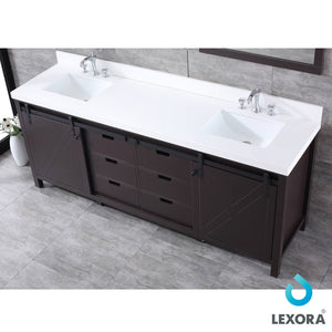 Lexora LM342284DCCS000 Marsyas 84" Brown Double Vanity, White Quartz Top, White Square Sinks and no Mirror