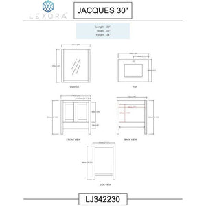 Lexora LJ342230SDDSM28 Jacques 30" Distressed Grey Single Vanity, White Carrara Marble Top, White Square Sink and 28" Mirror