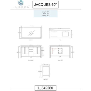 Lexora LJ342260DBDSM58 Jacques 60" Dark Grey Double Vanity, White Carrara Marble Top, White Square Sinks and 58" Mirror