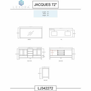 Lexora LJ342272DA00M70 Jacques 72" White Double Vanity, no Top and 70" Mirror
