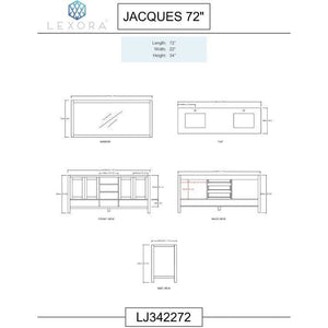 Lexora LJ342272DBDSM70 Jacques 72" Dark Grey Double Vanity, White Carrara Marble Top, White Square Sinks and 70" Mirror