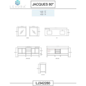 Lexora LJ342280DBDSM30 Jacques 80" Dark Grey Double Vanity, White Carrara Marble Top, White Square Sinks and 30" Mirrors