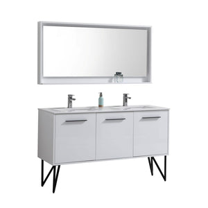 Kubebath KB60DGW Bosco 60" Double Sink Modern Bathroom Vanity w/ Quartz Countertop and Matching Mirror
