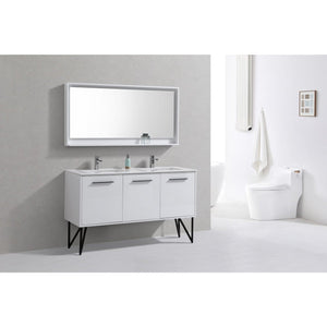 Kubebath KB60DGW Bosco 60" Double Sink Modern Bathroom Vanity w/ Quartz Countertop and Matching Mirror