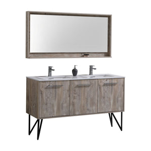 Kubebath KB60DNW Bosco 60" Double Sink Modern Bathroom Vanity w/ Quartz Countertop and Matching Mirror
