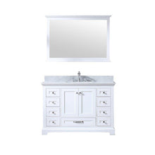 Load image into Gallery viewer, Lexora LD342248SADSM46F Dukes 48&quot; White Single Vanity, White Carrara Marble Top, White Square Sink and 46&quot; Mirror w/ Faucet