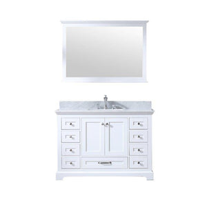 Lexora LD342248SADSM46F Dukes 48" White Single Vanity, White Carrara Marble Top, White Square Sink and 46" Mirror w/ Faucet