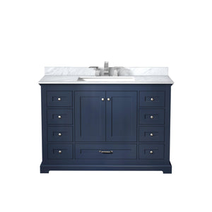 Lexora LD342248SEDS000 Dukes 48" Navy Blue Single Vanity, White Carrara Marble Top, White Square Sink and no Mirror