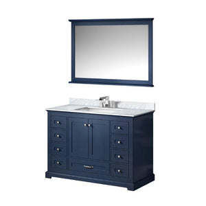 Lexora LD342248SEDSM46 Dukes 48" Navy Blue Single Vanity, White Carrara Marble Top, White Square Sink and 46" Mirror