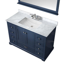Load image into Gallery viewer, Lexora LD342248SEDSM46F Dukes 48&quot; Navy Blue Single Vanity, White Carrara Marble Top, White Square Sink and 46&quot; Mirror w/ Faucet