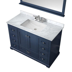 Lexora LD342248SEDSM46 Dukes 48" Navy Blue Single Vanity, White Carrara Marble Top, White Square Sink and 46" Mirror