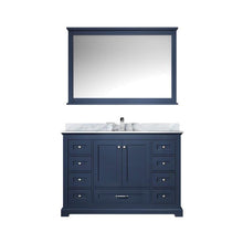 Load image into Gallery viewer, Lexora LD342248SEDSM46F Dukes 48&quot; Navy Blue Single Vanity, White Carrara Marble Top, White Square Sink and 46&quot; Mirror w/ Faucet