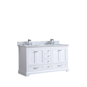 Lexora LD342260DADS000 Dukes 60" White Double Vanity, White Carrara Marble Top, White Square Sinks and no Mirror