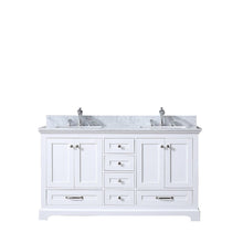 Load image into Gallery viewer, Lexora LD342260DADS000 Dukes 60&quot; White Double Vanity, White Carrara Marble Top, White Square Sinks and no Mirror