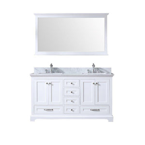 Lexora LD342260DADSM58 Dukes 60" White Double Vanity, White Carrara Marble Top, White Square Sinks and 58" Mirror