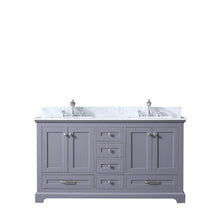 Load image into Gallery viewer, Lexora LD342260DBDS000 Dukes 60&quot; Dark Grey Double Vanity, White Carrara Marble Top, White Square Sinks and no Mirror