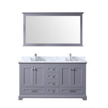 Load image into Gallery viewer, Lexora LD342260DBDSM58F Dukes 60&quot; Dark Grey Double Vanity, White Carrara Marble Top, White Square Sinks and 58&quot; Mirror w/ Faucets
