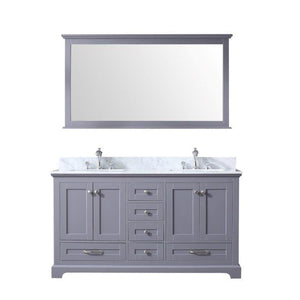Lexora LD342260DBDSM58 Dukes 60" Dark Grey Double Vanity, White Carrara Marble Top, White Square Sinks and 58" Mirror