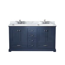 Load image into Gallery viewer, Lexora LD342260DEDS000 Dukes 60&quot; Navy Blue Double Vanity, White Carrara Marble Top, White Square Sinks and no Mirror
