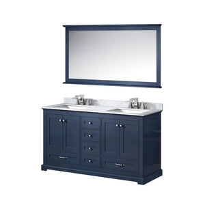 Lexora LD342260DEDSM58 Dukes 60" Navy Blue Double Vanity, White Carrara Marble Top, White Square Sinks and 58" Mirror