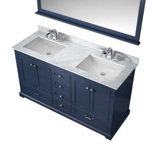 Load image into Gallery viewer, Lexora LD342260DEDSM58 Dukes 60&quot; Navy Blue Double Vanity, White Carrara Marble Top, White Square Sinks and 58&quot; Mirror