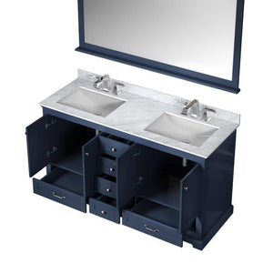 Lexora LD342260DEDSM58F Dukes 60" Navy Blue Double Vanity, White Carrara Marble Top, White Square Sinks and 58" Mirror w/ Faucets