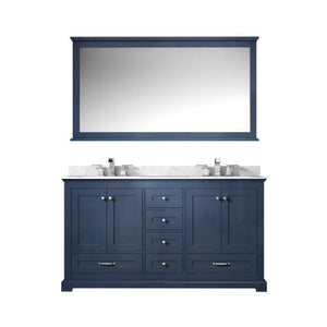 Lexora LD342260DEDSM58F Dukes 60" Navy Blue Double Vanity, White Carrara Marble Top, White Square Sinks and 58" Mirror w/ Faucets
