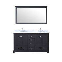 Load image into Gallery viewer, Lexora LD342260DGDSM58F Dukes 60&quot; Espresso Double Vanity, White Carrara Marble Top, White Square Sinks and 58&quot; Mirror w/ Faucets