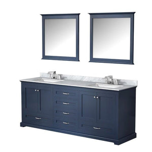 Lexora LD342280DEDSM30 Dukes 80" Navy Blue Double Vanity, White Carrara Marble Top, White Square Sinks and 30" Mirrors