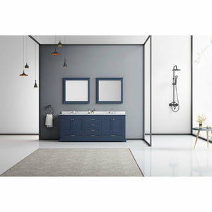 Lexora LD342280DEDSM30F Dukes 80" Navy Blue Double Vanity, White Carrara Marble Top, White Square Sinks and 30" Mirrors w/ Faucets