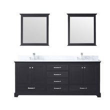 Load image into Gallery viewer, Lexora LD342280DGDSM30F Dukes 80&quot; Espresso Double Vanity, White Carrara Marble Top, White Square Sinks and 30&quot; Mirrors w/ Faucets