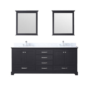 Lexora LD342280DGDSM30 Dukes 80" Espresso Double Vanity, White Carrara Marble Top, White Square Sinks and 30" Mirrors