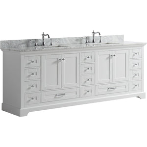 Lexora LD342284DADS000 Dukes 84" White Double Vanity, White Carrara Marble Top, White Square Sinks and no Mirror
