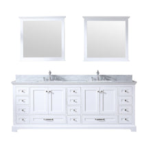 Load image into Gallery viewer, Lexora LD342284DADSM34 Dukes 84&quot; White Double Vanity, White Carrara Marble Top, White Square Sinks and 34&quot; Mirrors