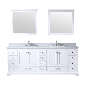 Lexora LD342284DADSM34 Dukes 84" White Double Vanity, White Carrara Marble Top, White Square Sinks and 34" Mirrors