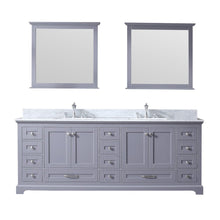 Load image into Gallery viewer, Lexora LD342284DBDSM34F Dukes 84&quot; Dark Grey Double Vanity, White Carrara Marble Top, White Square Sinks and 34&quot; Mirrors w/ Faucets