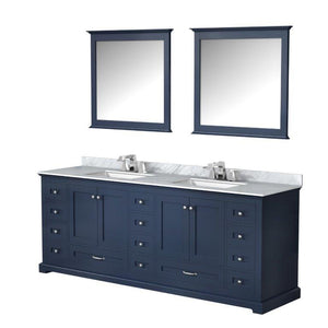 Lexora LD342284DEDSM34F Dukes 84" Navy Blue Double Vanity, White Carrara Marble Top, White Square Sinks and 34" Mirrors w/ Faucets