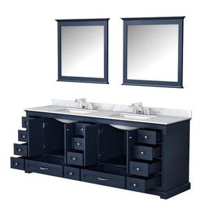 Lexora LD342284DEDSM34 Dukes 84" Navy Blue Double Vanity, White Carrara Marble Top, White Square Sinks and 34" Mirrors