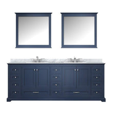 Load image into Gallery viewer, Lexora LD342284DEDSM34F Dukes 84&quot; Navy Blue Double Vanity, White Carrara Marble Top, White Square Sinks and 34&quot; Mirrors w/ Faucets