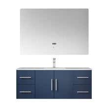 Load image into Gallery viewer, Lexora LG192248DEDSLM48F Geneva 48&quot; Navy Blue Single Vanity, White Carrara Marble Top, White Square Sink and 48&quot; LED Mirror w/ Faucet