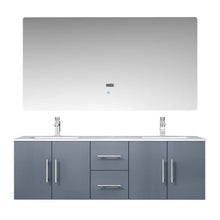 Load image into Gallery viewer, Lexora LG192260DBDSLM60F Geneva 60&quot; Dark Grey Double Vanity, White Carrara Marble Top, White Square Sinks and 60&quot; LED Mirror w/ Faucets