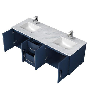 Lexora LG192260DEDS000 Geneva 60" Navy Blue Double Vanity, White Carrara Marble Top, White Square Sinks and no Mirror