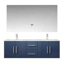Load image into Gallery viewer, Lexora LG192260DEDSLM60 Geneva 60&quot; Navy Blue Double Vanity, White Carrara Marble Top, White Square Sinks and 60&quot; LED Mirror