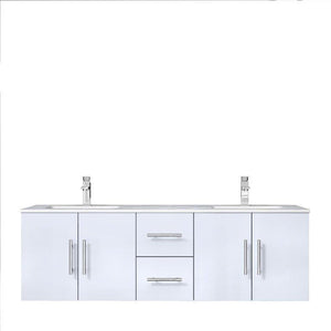 Lexora LG192260DMDS000 Geneva 60" Glossy White Double Vanity, White Carrara Marble Top, White Square Sinks and no Mirror