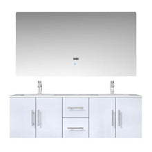 Load image into Gallery viewer, Lexora LG192260DMDSLM60 Geneva 60&quot; Glossy White Double Vanity, White Carrara Marble Top, White Square Sinks and 60&quot; LED Mirror