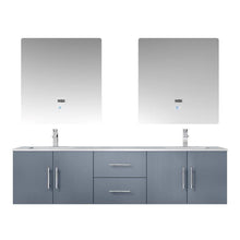 Load image into Gallery viewer, Lexora LG192272DBDSLM30F Geneva 72&quot; Dark Grey Double Vanity, White Carrara Marble Top, White Square Sinks and 30&quot; LED Mirrors w/ Faucets
