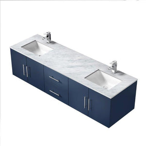 Lexora LG192272DEDS000 Geneva 72" Navy Blue Double Vanity, White Carrara Marble Top, White Square Sinks and no Mirror