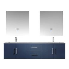 Load image into Gallery viewer, Lexora LG192272DEDSLM30F Geneva 72&quot; Navy Blue Double Vanity, White Carrara Marble Top, White Square Sinks and 30&quot; LED Mirrors w/ Faucets