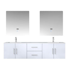 Load image into Gallery viewer, Lexora LG192272DMDSLM30F Geneva 72&quot; Glossy White Double Vanity, White Carrara Marble Top, White Square Sinks and 30&quot; LED Mirrors w/ Faucets